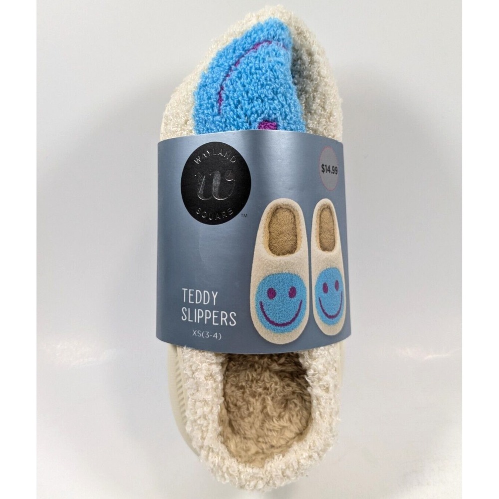 Wayland Square Smiley FaceTeddy Slippers Women's Size XSmall (3-4) Blue & White